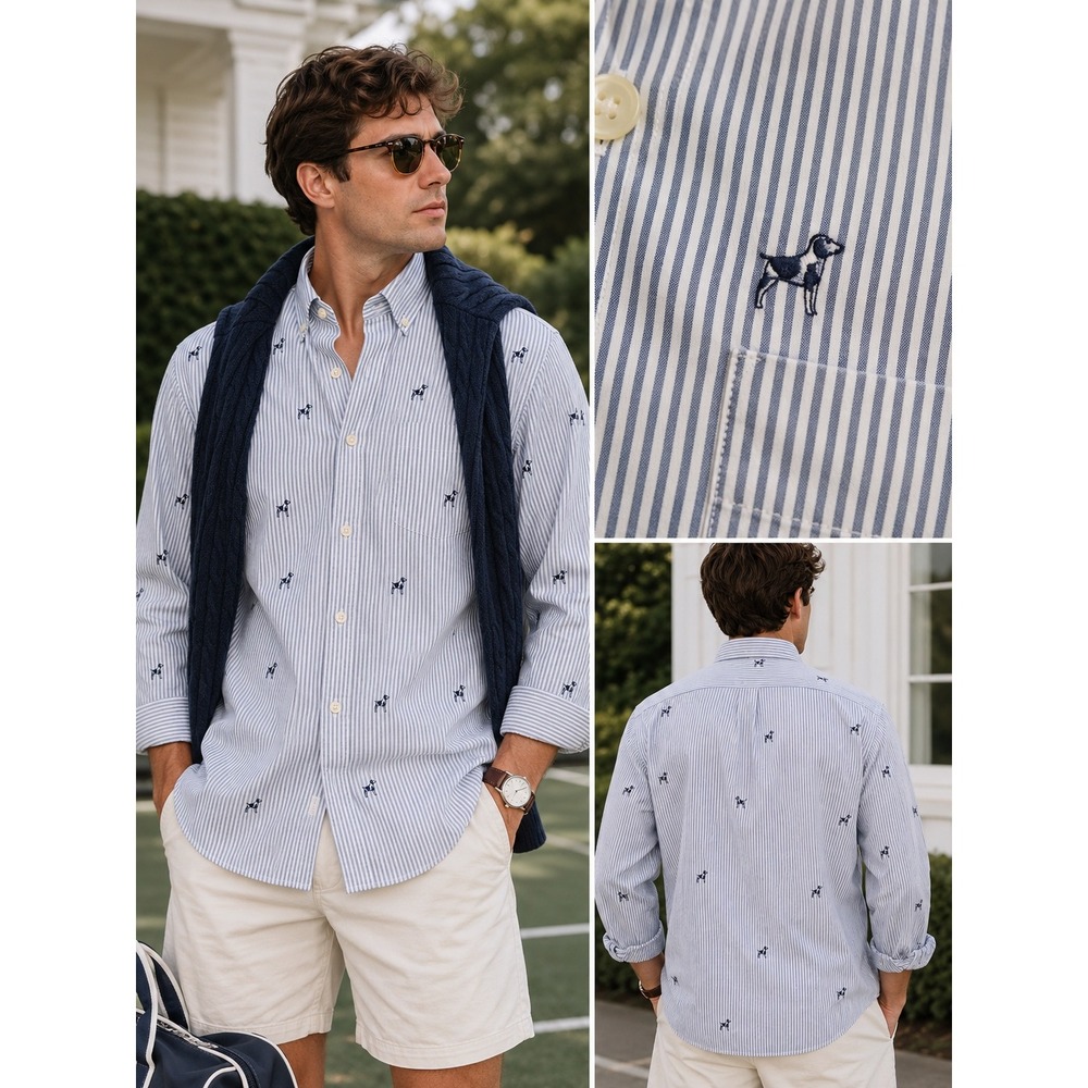 Mens Goodfellow & Co Blue and White Striped Button-Down‎ with Micro Navy Motif